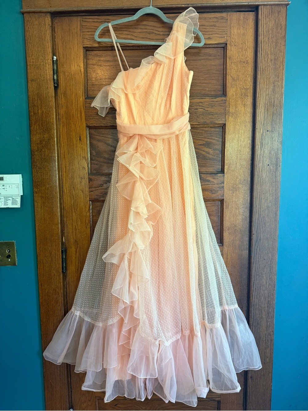 VINTAGE STUNNING Ruffle Asymmetrical Top Maxi Gown Peaches n Cream Swiss Dot 4 - Picture 4 of 12